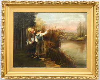 An early 20th century oil on board genre scene. Depicts two women on a riverbank signaling to a figure across the way. Unsigned. Craquelure, minor surface wear along edges. Board 24 3/8 x 18 3/8" high, in a carved wood and gesso frame with some losses and gold painted finish, 31 x 25 1/4" high overall. ESTIMATE $100-200