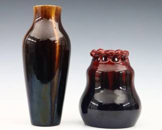 Two early to mid 20th century Michael Andersen & Son Art Pottery vases. Molded bodies with multi-color drip glaze, one with reticulated rim. Impressed "MA & S" and "Denmark" marks. Some surface wear and crazing, particularly to shorter vase. Up to 10 1/2" high. ESTIMATE $200-400