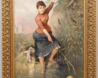 Joseph Sellenati, European, 19th/20th century. A 19th century oil on canvas genre scene, entitled "Lost Bonnet". Depicts a young woman balancing on tree branches while attempting to retrieve her bonnet from the water, her stockings and shoes cast aside on shore. Craquelure, some faint lacerations. Canvas 27 x 41 1/2" high, in a contemporary Gilt wood frame with minor wear, 34 1/2 x 49 1/4" high overall. ESTIMATE $800-1,200
