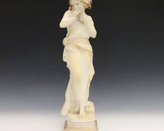 Antonio Frilli, Italian, 1860-1892. A late 19th century Alabaster figure of Neoclassical young woman on an incorporated plinth. Signed "A. Frilli", incised "Florence" and "Made in Italy" on the reverse. Minor surface wear and discoloration, wear to original painted details. 16" high. ESTIMATE $200-400