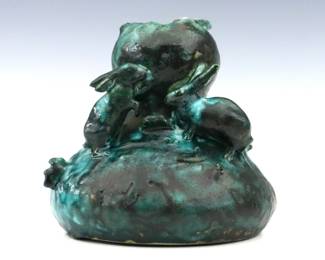 A late 19th century Amphora Art Pottery vase by Riessner, Stellmacher & Kessel. Molded body with two applied Rabbits and mottled Dark Green glaze. Printed "RStK / Turn Teplitz, Bohemia" and impressed marks. Minor wear, some crazing. 6 3/4 x 6 1/2" high overall. ESTIMATE $300-400