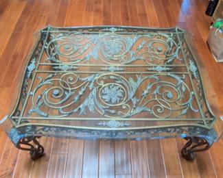 Ornate Wrought Iron Scrollwork Coffee Table with Beveled Glass Top