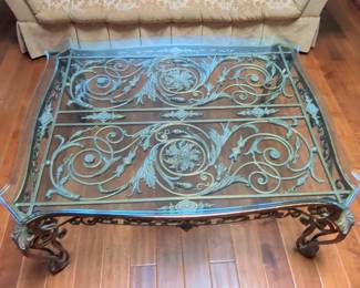 Ornate Wrought Iron Scrollwork Coffee Table with Beveled Glass Top