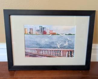 Watercolor Painting of a City Skyline with Seagulls