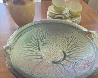 Large Richard Aerni studio pottery bowl; yellow acorn and oak leaves urn with two handles; set of vintage Red Wing Pottery in the Magnolia pattern.