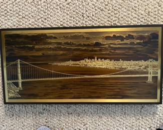 Rudy Lechleiter signed mixed media (brass/copper/wood) etching of the Golden Gate Bridge.