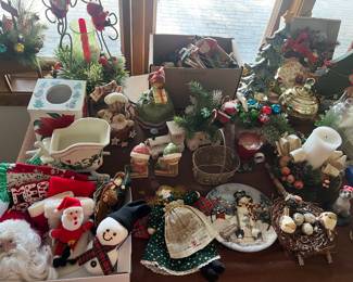 Large selection of Christmas ornaments and decor.