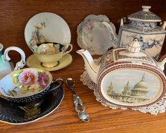 James Sadler teapot; Japanese hexagonal porcelain teapot; cup, and saucer sets by paragon, and from occupied Japan.