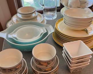 Mikasa dinnerware; Pyrex nesting bowls; Metlox dinnerware.