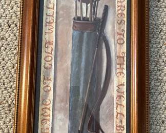 Framed print, golf bag w/clubs.