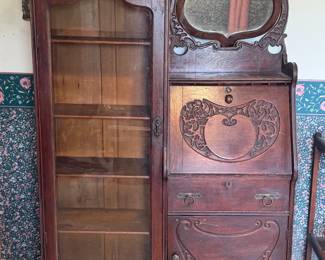 ANTIQUE OAK SIDE BY SIDE SECRETARY DESK & BOOKCASE
