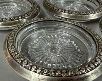 VINTAGE GLASS & SILVER PLATE COASTERS SET OF 4