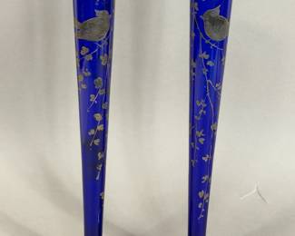 CZECH COBALT BLUE GLASS VASES W BIRD PAIR