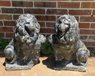 20" CAST CONCRETE GUARDIAN LIONS PAIR VERY HEAVY!!