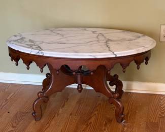 GENUINE MAHOGANY MARBLE TOP OVAL COFFEE TABLE