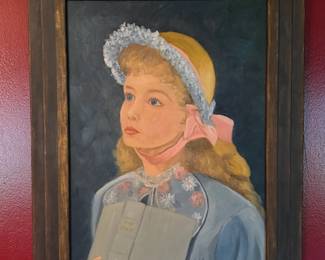 VINTAGE ORIGINAL PAINTING GIRL W BIBLE FRAMED