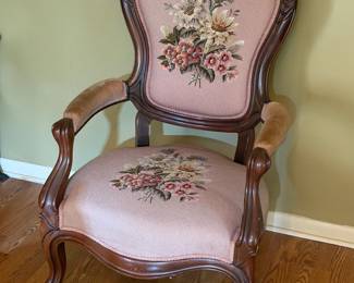 ANTIQUE VICTORIAN STYLE ARMCHAIR W NEEDLEPOINT UPH