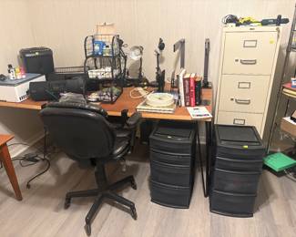 File cabinet, office desk, lamps, supplies