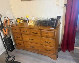 Dresser, Canes, metal detector, eye glasses