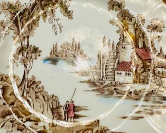 Johnson Brothers "The Old Mill" dinner plate, featuring a vintage brown transferware landscape with hand-tinted blue water.