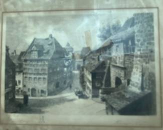 etching depicting the historic Albrecht Dürer House in Nuremberg, Germany.