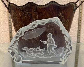 vintage Bruce Clark "Hunter and Dogs" art glass paperweight
