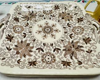 Mason's Patent Ironstone ceramic platter in the Bow Bells Brown pattern, featuring a white base with intricate brown floral and scroll details