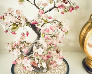 vintage artificial Chinese jade glass and agate bonsai tree with cherry blossom flowers