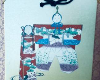 vintage Japanese watercolor painting on a shikishi board, depicting a couple of standing hina dolls.The art style is consistent with traditional Japanese painting techniques used for Hinamatsuri (Girl's Day) celebrations.