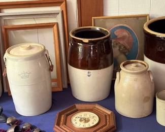 Antique, two-tone, brown 5 gallon butter churn/crock and 2 gallon preserver crock. Vintage New Haven wall clock