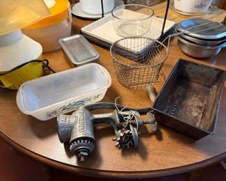 Vintage meat grinder and glass bake