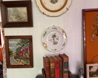 Framed needlepoint, EPIAG decorative plate, vintage books
