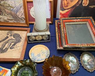 Vintage Indiana Glass Company and Imperial carnival glass bowls. Desktop weather station. Antique frames