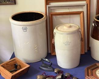 Keystone 10 gallon crock and Robinson Rasbottom, blue crown, 4 gallon butter churn/crock, with lid and handles. Vintage bells