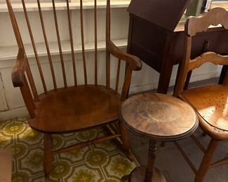 Maple, MCM rocking chair. Small wood side table