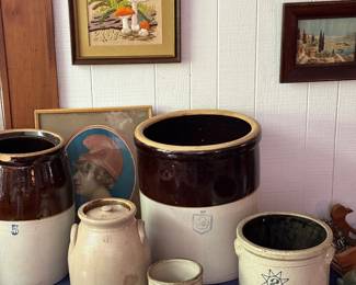 Antique Nelson McCoy, two-toned, brown 10 gallon crock, vintage 2 gallon crock with lug handles, and 1 small crock. Quartz crystal.