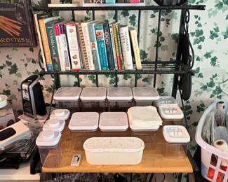 Bakers Rack with Storage Containers and Cookbooks second image