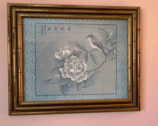Vintage Pair of Chinoiserie Silk Paintings with Birds and Flowers in Faux Bamboo Frames second image