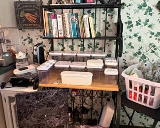 Bakers Rack with Storage Containers and Cookbooks