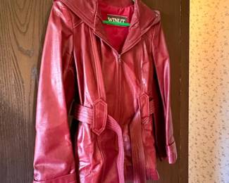 Winlit Red Faux Leather Hooded Jacket with Belt