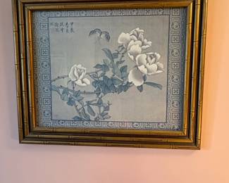 Vintage Pair of Chinoiserie Silk Paintings with Birds and Flowers in Faux Bamboo Frames