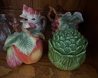 Vintage Majolica Style Rooster Pitcher and Artichoke Lidded Dish Set