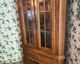 Vintage Oak China Cabinet with Glass Doors and Carved Details by Thomasville