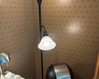 Dual Head Floor Lamp with Frosted Glass Shades and Etched Pattern
