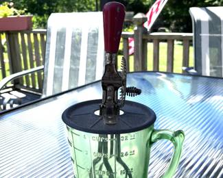 1920s–1930s Depression-era Green Glass Measuring Cup and A&J Hand Crank Mixer/Egg Beater Set