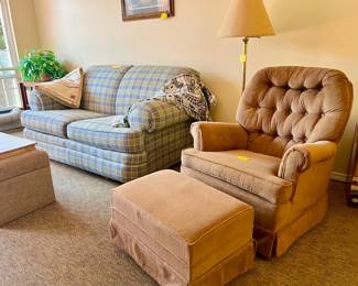Vintage Recliner and Ottoman (beige-ish) - MCM Brass Swing-Arm Lamp $35