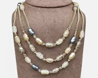 Vintage Japan MultiStrand Cultured Pearl Look Beaded Chain Necklace Gold Tone Layered