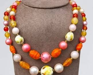 Vintage Japan Double Strand Orange Pink Beaded Necklace