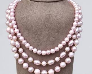 Vintage Triple Strand Pink Faux Pearl Beaded Necklace Graduated Round Oval Beads