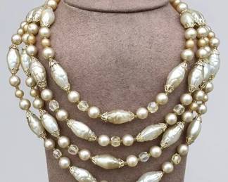 Vintage Japan MultiStrand Faux Pearl Necklace Aurora Borealis Crystal Accents
